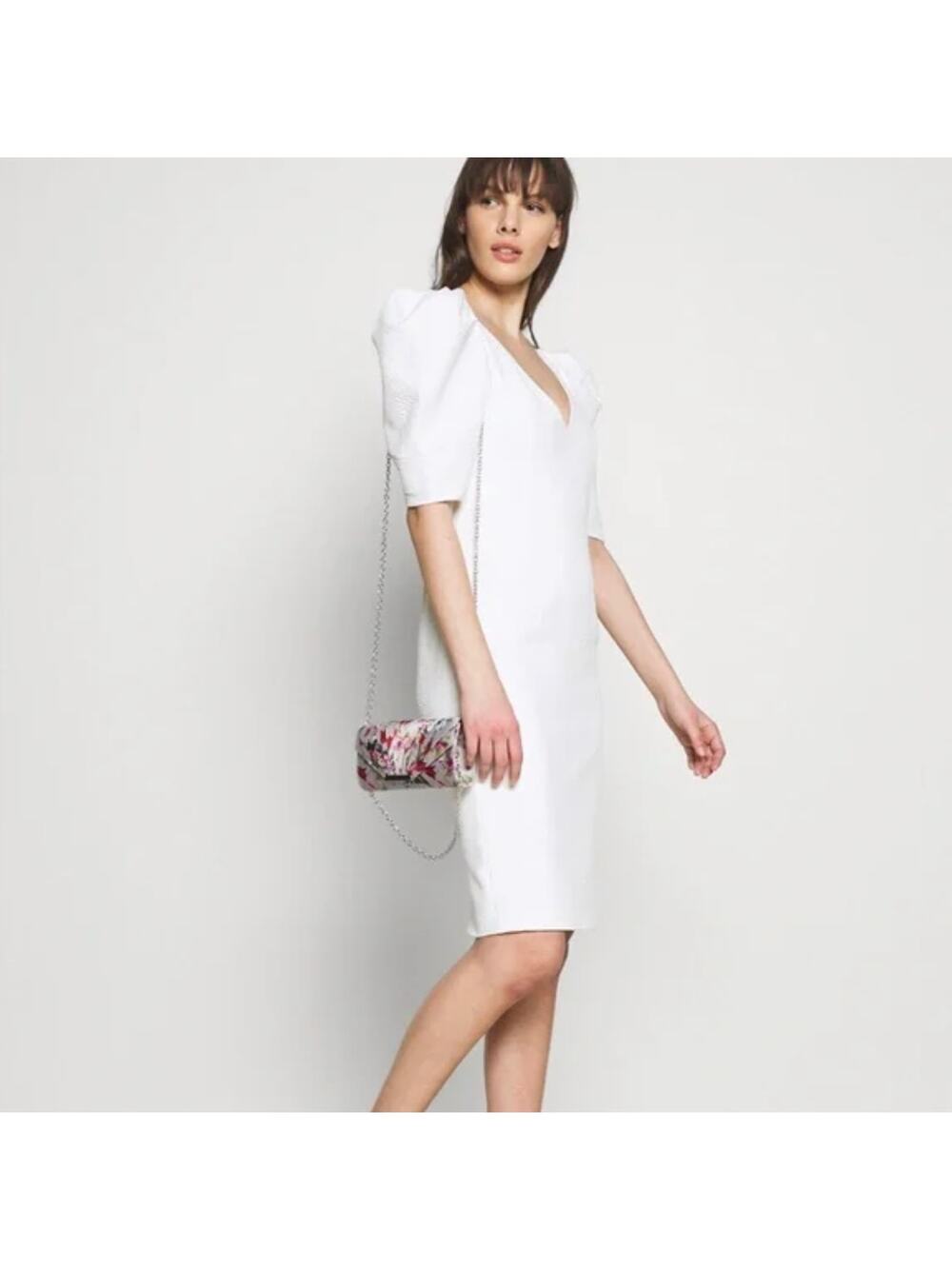 BARDOT | Fergie Textured Cream White Puff Sleeve Midi Sheath Dress | Medium